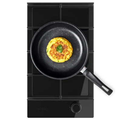 Placa de gas Bolero Squad G 1400F Glass Black con cuatro quemadores y superficie de cristal negro templado