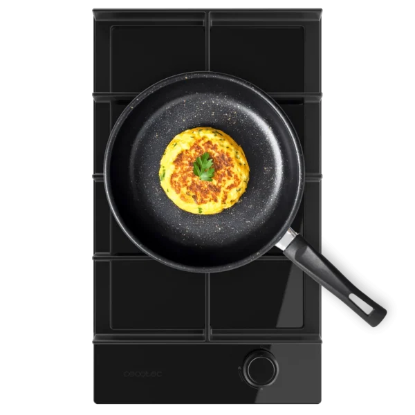 Placa de gas Bolero Squad G 1400F Glass Black con cuatro quemadores y superficie de cristal negro templado