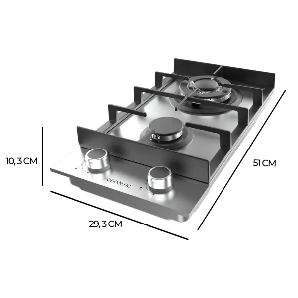 Imagen 4 Placa de gas de 2 fuegos en acero inoxidable con mandos frontales y quemadores de alta eficiencia. Diseño compacto y resistente para cocinas funcionales.
