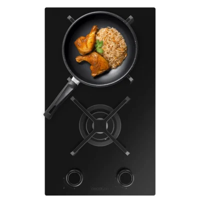 Placa de gas Cecotec Bolero Squad G 2400S Nano Glass de 4 fuegos con superficie de cristal negro y parrillas de hierro fundido