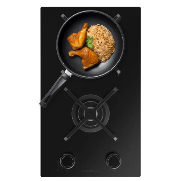 Placa de gas Cecotec Bolero Squad G 2400S Nano Glass de 4 fuegos con superficie de cristal negro y parrillas de hierro fundido