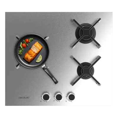 Placa de gas Cecotec Bolero Squad G 3400S Inox de tres quemadores con parrillas de hierro fundido y mandos laterales