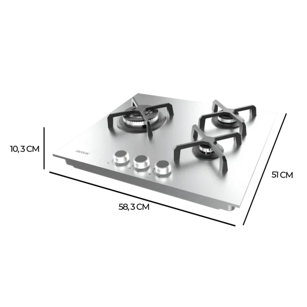 Imagen 4 Placa de gas Bolero Squad G 3400S Inox con 3 quemadores, incluyendo un potente quemador Triple Ring. Superficie de acero inoxidable y sistema de seguridad FFD.