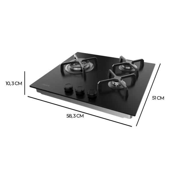 Imagen 4 Placa de gas Bolero Squad G 3400S Nano Glass de 3 fuegos con superficie de alta resistencia, encendido integrado y sistema de seguridad Gas Stop avanzado.