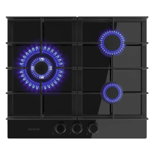 Imagen 2 Placa de gas Bolero Squad G 3400F Glass Black con 3 quemadores, superficie de cristal templado, parrillas de hierro fundido y sistema de seguridad Termopar.