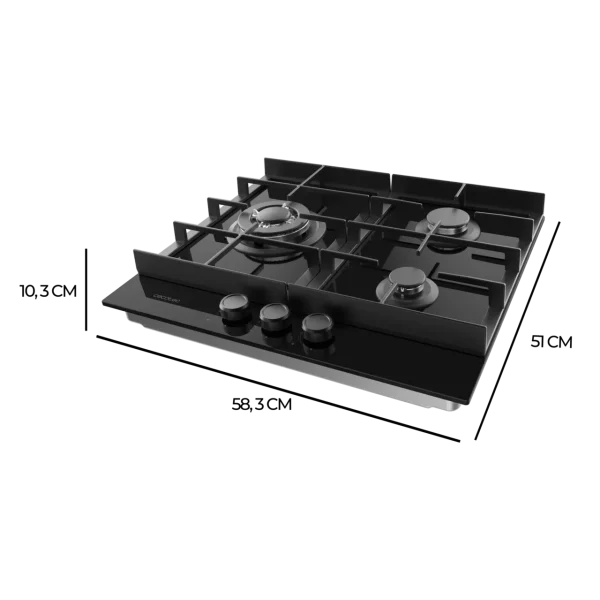 Imagen 4 Placa de gas Bolero Squad G 3400F Glass Black con 3 quemadores, superficie de cristal templado, parrillas de hierro fundido y sistema de seguridad Termopar.