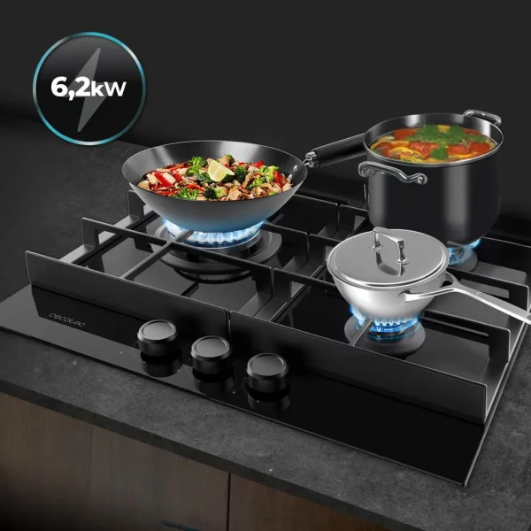 Imagen 8 Placa de gas Bolero Squad G 3400F Glass Black con 3 quemadores, superficie de cristal templado, parrillas de hierro fundido y sistema de seguridad Termopar.