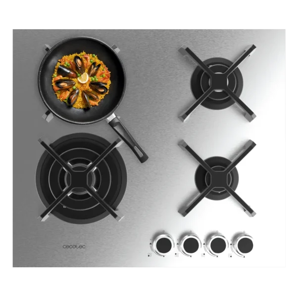 Vista superior de la placa de gas Bolero Squad G 4400S Inox de Cecotec con 4 quemadores y parrillas esmaltadas