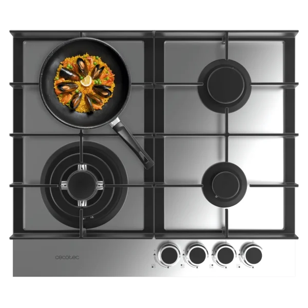 Placa de gas Cecotec Bolero Squad G 4400F Inox de cuatro fuegos con mandos frontales y parrillas de hierro fundido