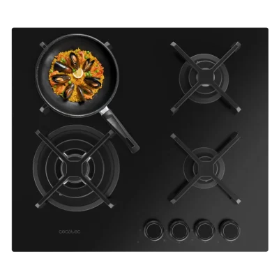 Placa de gas Cecotec Bolero Squad G 4400S Nano Glass con cuatro quemadores y superficie de cristal templado negro