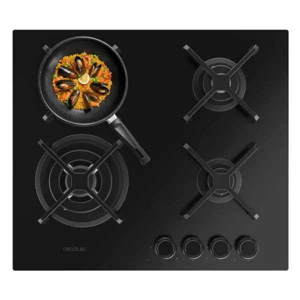 Placa de gas Cecotec Bolero Squad G 4400S Nano Glass con cuatro quemadores y superficie de cristal templado negro