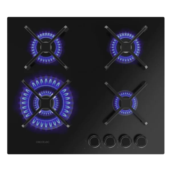 Imagen 2 Placa de gas de cristal templado negro con 4 quemadores, rejillas de hierro fundido y sistema de seguridad. Potencia y diseño para tu cocina moderna.
