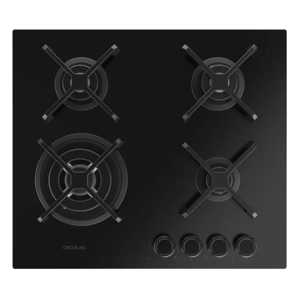 Imagen 3 Placa de gas de cristal templado negro con 4 quemadores, rejillas de hierro fundido y sistema de seguridad. Potencia y diseño para tu cocina moderna.