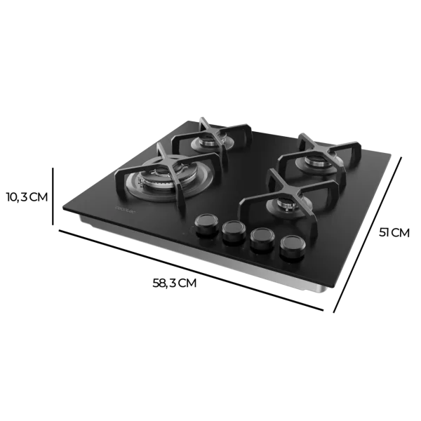 Imagen 4 Placa de gas de cristal templado negro con 4 quemadores, rejillas de hierro fundido y sistema de seguridad. Potencia y diseño para tu cocina moderna.