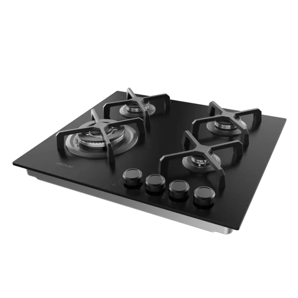 Imagen 5 Placa de gas de cristal templado negro con 4 quemadores, rejillas de hierro fundido y sistema de seguridad. Potencia y diseño para tu cocina moderna.