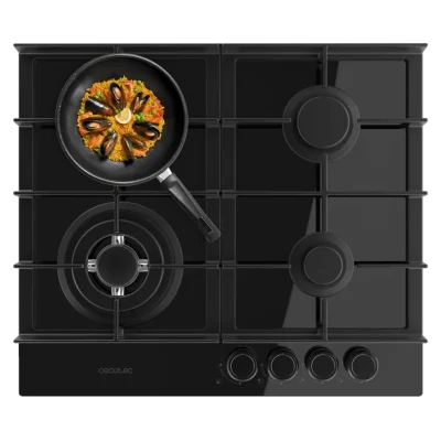 Placa de gas de cristal negro Bolero Squad G 4400F con cuatro fuegos y parrillas de hierro fundido