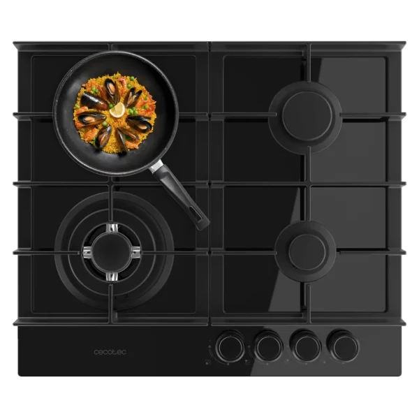 Placa de gas de cristal negro Bolero Squad G 4400F con cuatro fuegos y parrillas de hierro fundido