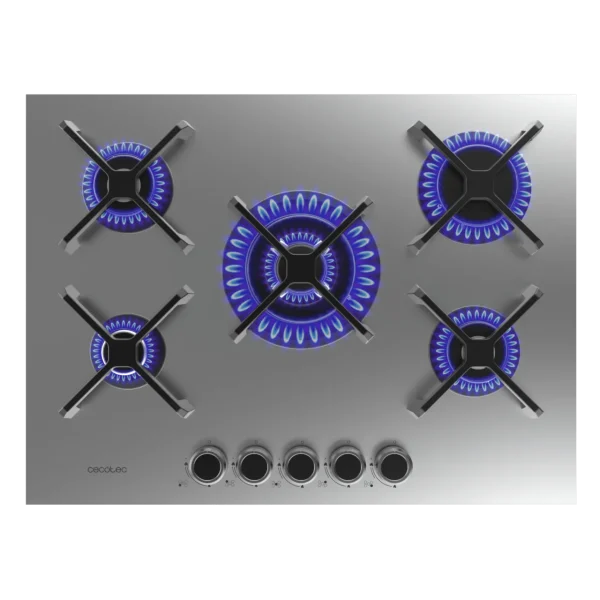 Imagen 2 Placa de gas de 5 fuegos con quemador de triple llama, superficie de acero inoxidable, parrillas de hierro fundido y autoencendido para una cocina profesional.