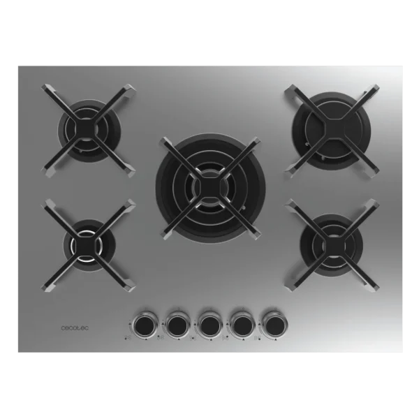 Imagen 3 Placa de gas de 5 fuegos con quemador de triple llama, superficie de acero inoxidable, parrillas de hierro fundido y autoencendido para una cocina profesional.