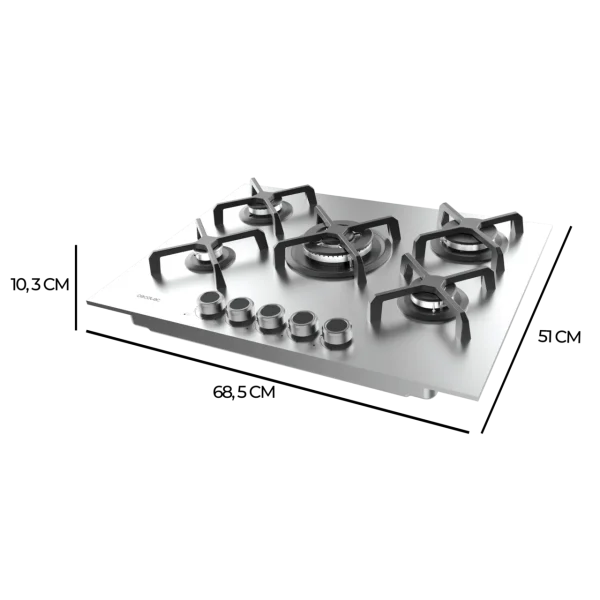 Imagen 4 Placa de gas de 5 fuegos con quemador de triple llama, superficie de acero inoxidable, parrillas de hierro fundido y autoencendido para una cocina profesional.