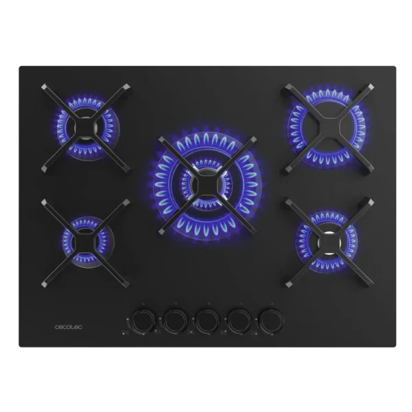 Imagen 2 Placa de gas Bolero Squad G 5400S Nano Glass con 5 quemadores, superficie de cristal templado negro, parrillas de hierro fundido y sistema de seguridad termopar.