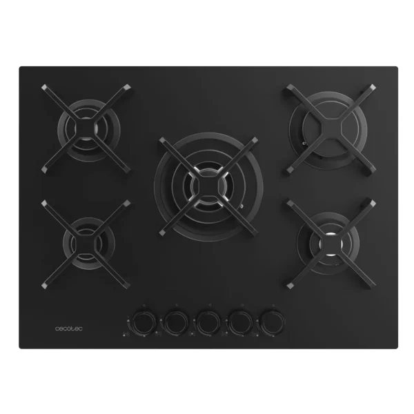 Imagen 3 Placa de gas Bolero Squad G 5400S Nano Glass con 5 quemadores, superficie de cristal templado negro, parrillas de hierro fundido y sistema de seguridad termopar.