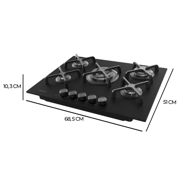 Imagen 4 Placa de gas Bolero Squad G 5400S Nano Glass con 5 quemadores, superficie de cristal templado negro, parrillas de hierro fundido y sistema de seguridad termopar.