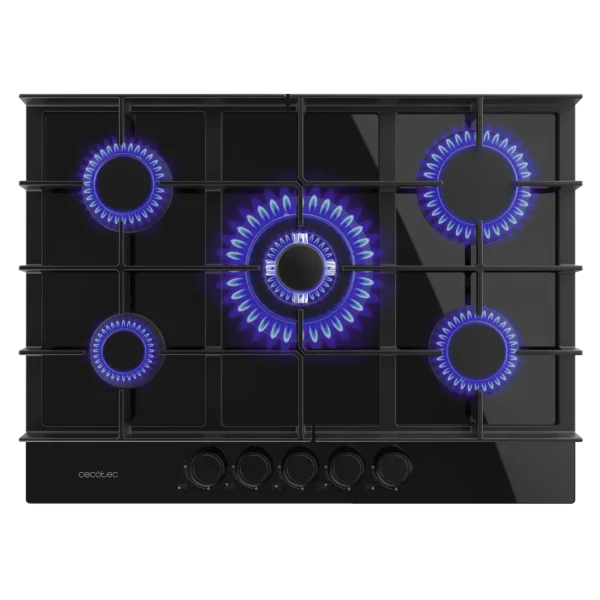 Imagen 2 Placa de gas de cristal negro Bolero Squad G 5400F con 5 fuegos, quemador triple llama, parrillas de hierro fundido y sistema de seguridad contra fallos de llama.