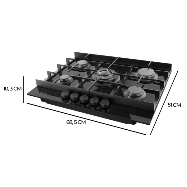 Imagen 3 Placa de gas de cristal negro Bolero Squad G 5400F con 5 fuegos, quemador triple llama, parrillas de hierro fundido y sistema de seguridad contra fallos de llama.