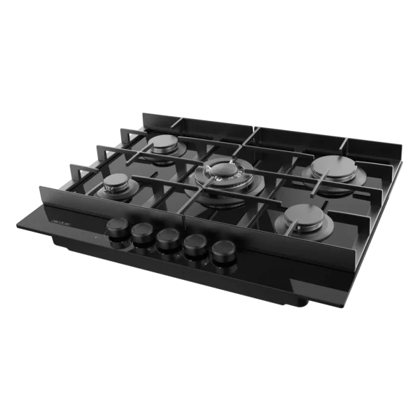 Imagen 4 Placa de gas de cristal negro Bolero Squad G 5400F con 5 fuegos, quemador triple llama, parrillas de hierro fundido y sistema de seguridad contra fallos de llama.