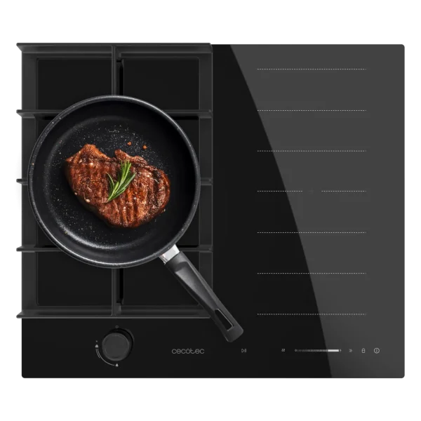 Placa de cocina híbrida Cecotec Bolero Squad GI 3500 Hybrid FullFlex con zonas de inducción y quemadores de gas sobre cristal negro