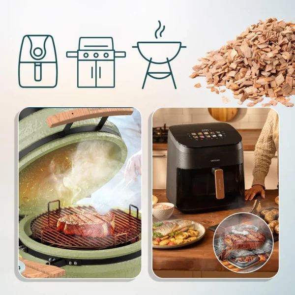 Imagen 3 Chips de madera de roble natural para ahumadores y freidoras Cecofry. Aportan un aroma y sabor ahumado intenso a carnes, pescados y verduras.