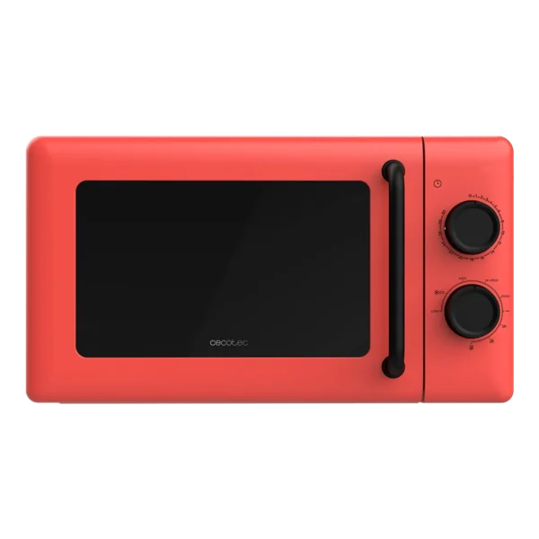 Vista frontal del microondas mecánico Cecotec Proclean 3110 Red con grill, mostrando su diseño oscuro con detalles en color rojo