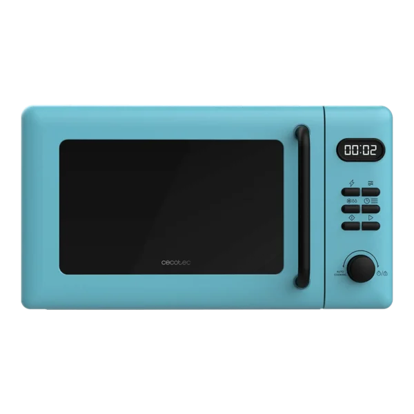 Microondas digital Cecotec ProClean 5110 Blue frontal con panel digital, pantalla LED y detalle de diseño azul