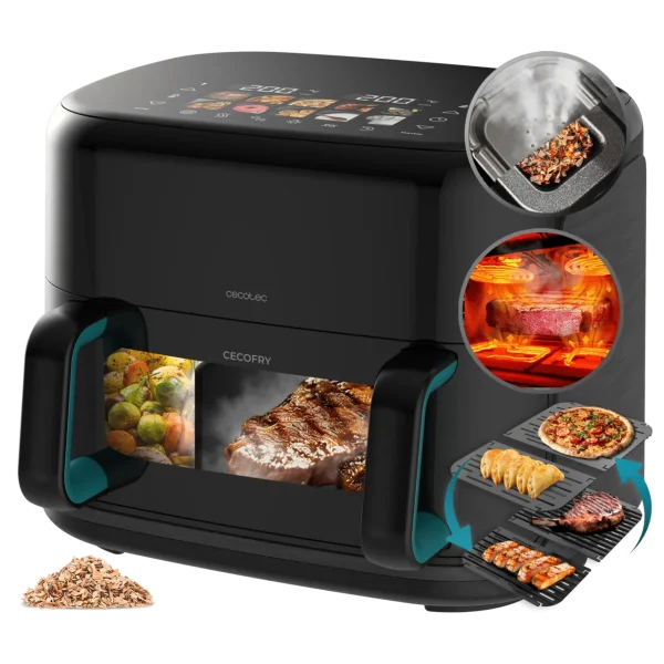 Vista frontal de Cecofry&Grill Smokin' Heat 10000 freidora de aire y horno 26L con accesorios de ahumado y grill