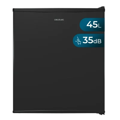 Nevera mini bar Cecotec CoolMarket BC SD 47 Black con puerta negra y diseño compacto de 44 litros.