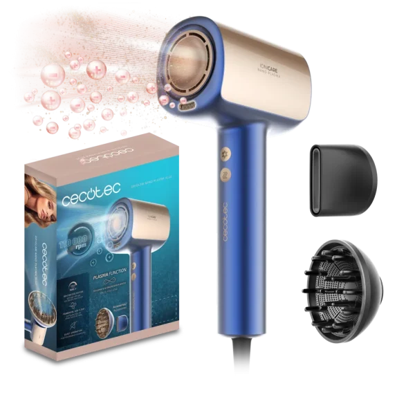 Secador de pelo profesional Cecotec DryGlam Nano Plasma Blue con motor digital brushless y boquilla concentradora.