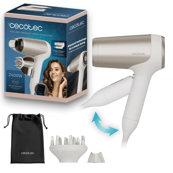 Secador de pelo plegable Cecotec IoniCare Power&Go Heaven Champagne con accesorios boquilla y difusor