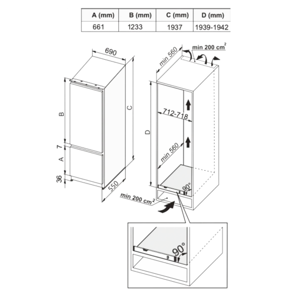 Imagen 3 Frigorífico combi integrable Bolero CoolMarket Combi BI-D FLW 341 con 341 L, Full LED Wall y Total NoFrost. Eficiencia clase E y compresor Inverter silencioso.