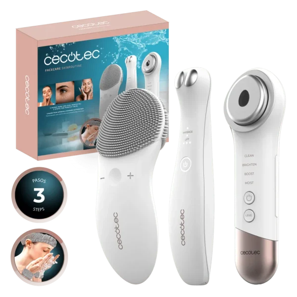 Set FaceCare SkinRoutine de Cecotec con dispositivos de cuidado facial y accesorios textiles de microfibra.
