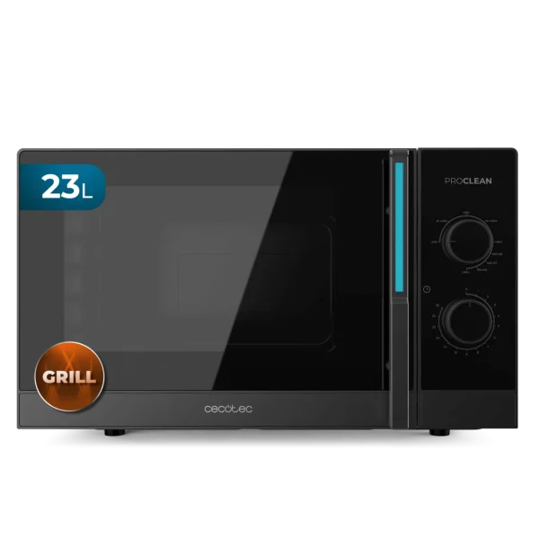 Vista frontal del microondas mecánico Cecotec ProClean 4120 de 23 litros con puerta FullCrystal y controles manuales