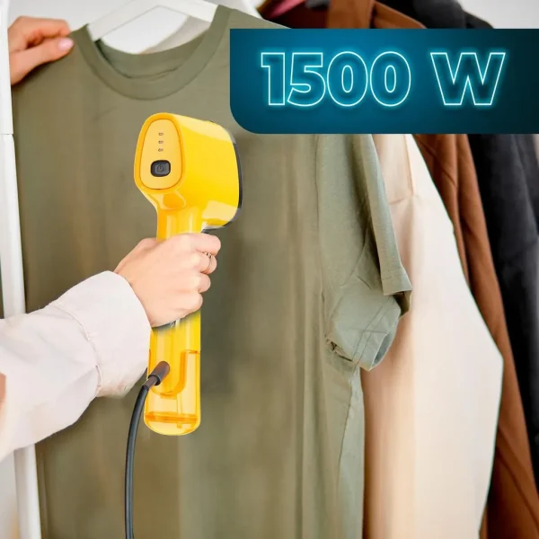 Imagen 4 Plancha vertical IronHero V-1500 Essential Yellow de 1500 W con suela cerámica. Calentamiento en 30 segundos, ligera y compacta, ideal para viajes y retoques.