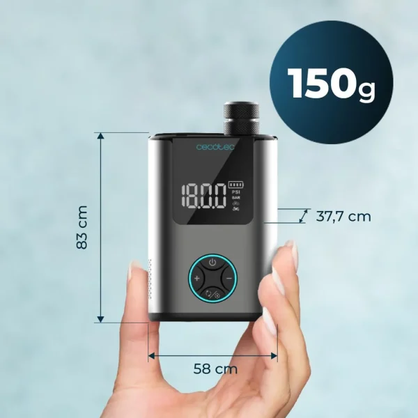 Imagen 5 Inflador eléctrico Cecotec Mini Air Max con batería de 600 mAh y 150 psi. Diseño ultra compacto de 150g ideal para bicicletas, motos, coches y patinetes.