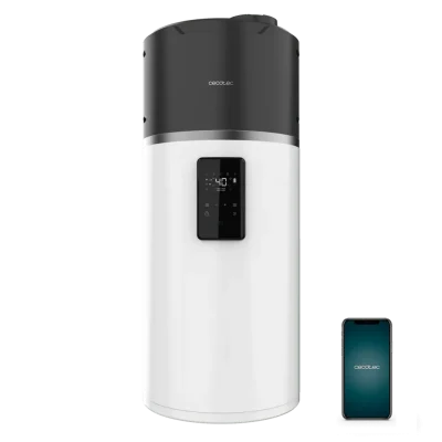 Termo con tecnología de aerotermia Cecotec AeroThermal 80 Water Connected de 80 litros en color blanco con pantalla digital