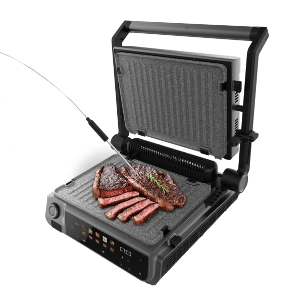 Imagen 2 Parrilla eléctrica de 2000 W con tecnología Smokeless y sonda de temperatura PerfectCook. Ideal para smash burgers gracias a su diseño y potencia.