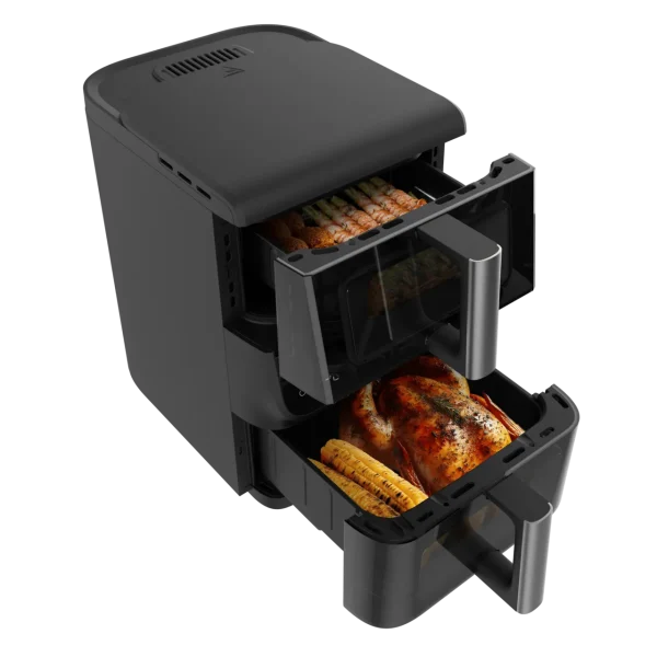 Imagen 2 Freidora de aire Cecotec de 10L con diseño vertical y doble cesta de 3.5 y 6.5L. Potencia de 2000 W, ventanas de visualización y 10 menús para cocinar sano.