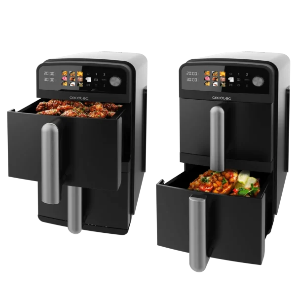 Imagen 2 Freidora de aire de 10 L con diseño vertical y cubetas superpuestas de 5 L. Potencia de 2400 W, control táctil y cocción saludable sin aceite.