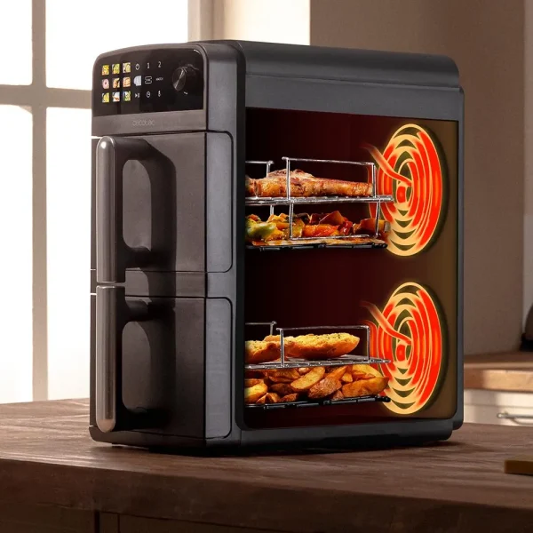 Imagen 6 Freidora de aire de 10 L con diseño vertical y cubetas superpuestas de 5 L. Potencia de 2400 W, control táctil y cocción saludable sin aceite.
