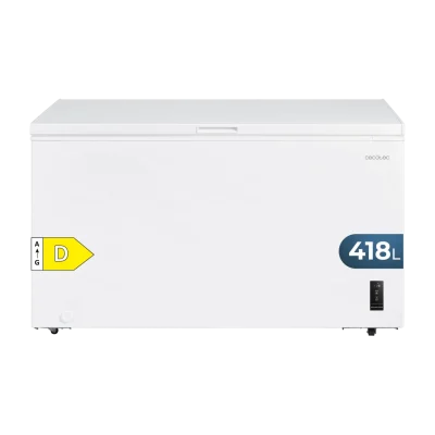 Congelador horizontal blanco Bolero CoolMarket Chest 418P White D con puerta abierta y cesta interior