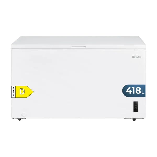 Congelador horizontal blanco Bolero CoolMarket Chest 418P White D con puerta abierta y cesta interior